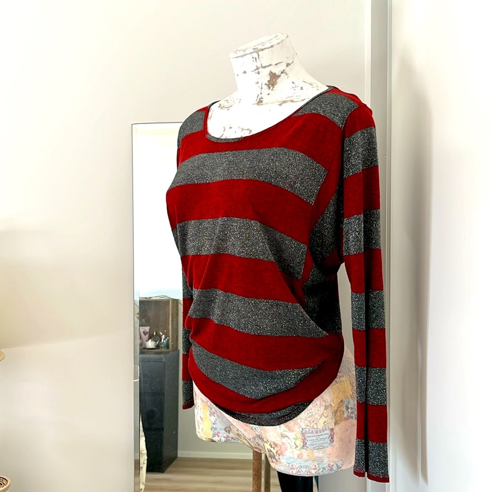 Red Haute Striped Dolman Top Red and Silver